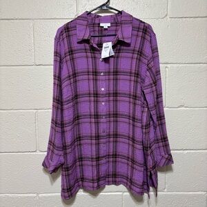 J Jill Shirt Women’s XLP Purple Plaid Tunic Button Up Textured Crinkle Stretch